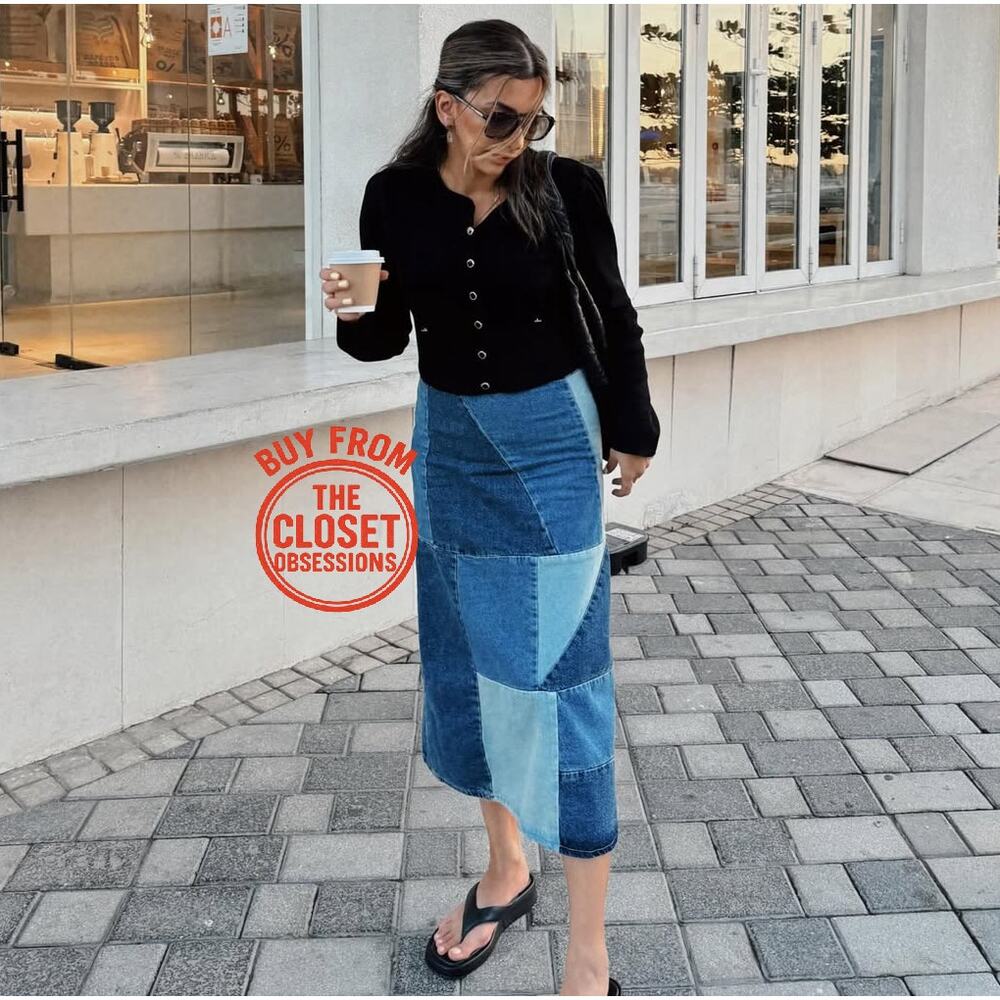 MANGO Patchwork Denim Midi Skirt NWT | Blue Cotton A-Line - Picture 7 of 16
